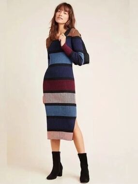 Anthropologie Dolan Striped Rib-Knit Long Sleeve Chunky Sweater Dress XL